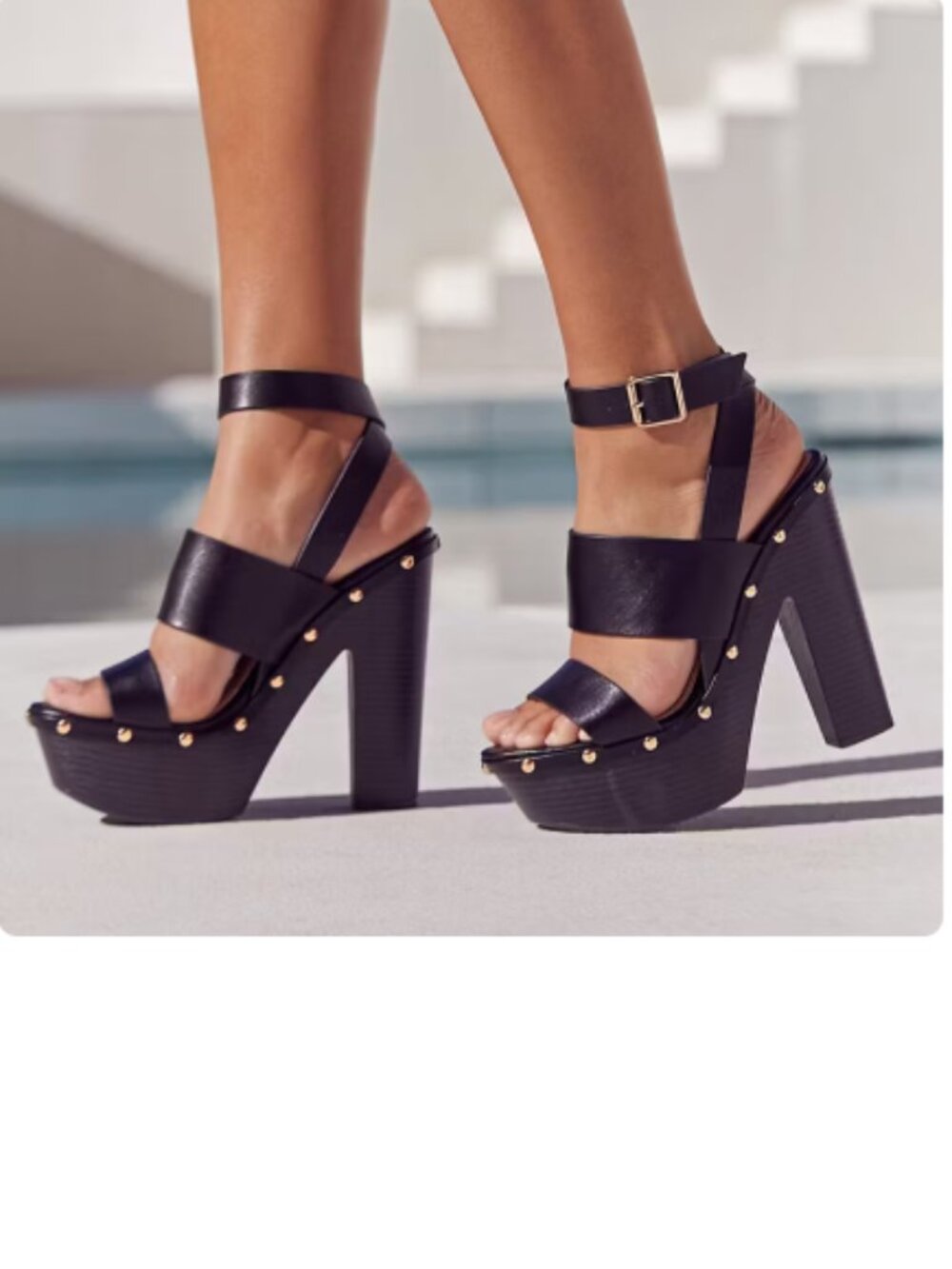 FSJ Black Open Toe Ankle Strap Studded Platform Sandals with Chunky Heel